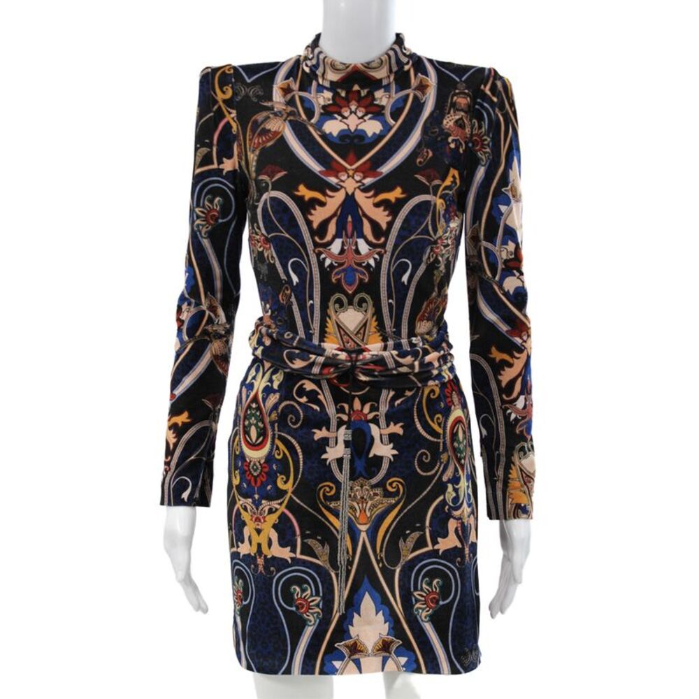 Dundas Womens Bodycon Mini Dress Black Mock Neck Long Sleeve Paisley Size 36